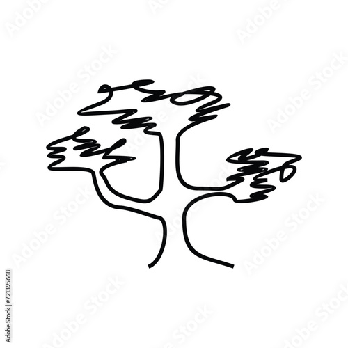 Continuous one line doodle drawing of a tree with twigs and leaves. children's scribbles. Lineart Vector Illustration photo