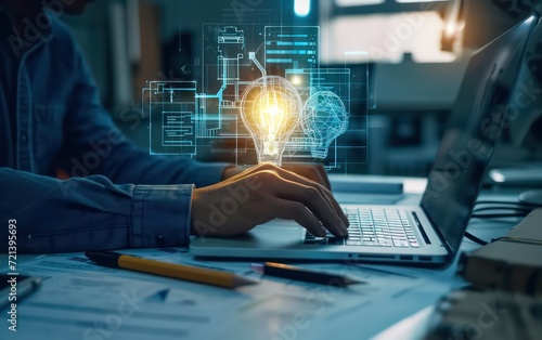 Online education and idea an engineer employs artificial intelligence while using a laptop for online learning alongside their construction team by an education icon on a virtual screen