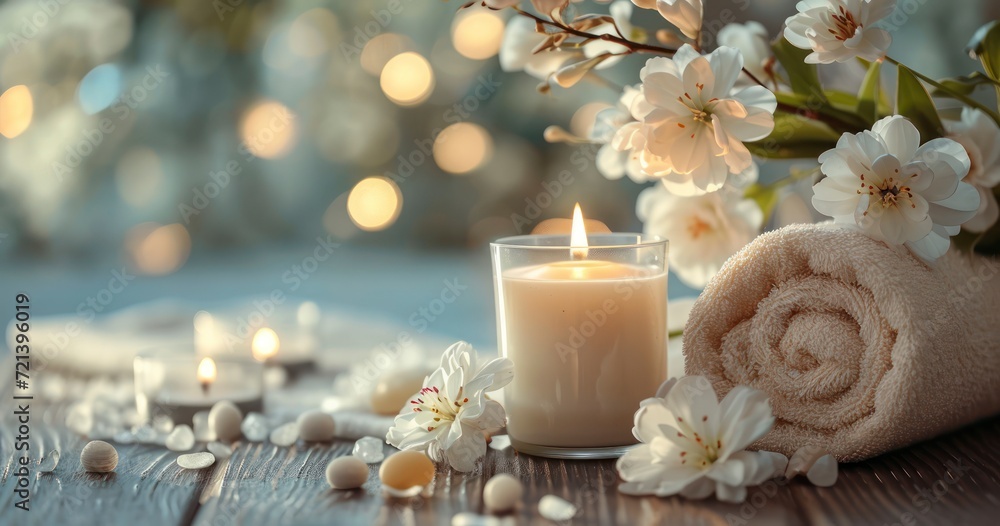 The Gentle Embrace of Spa Candles, Lush Flowers, and Soft Towels in a Serene Setting The Gentle Embrace of Spa Candles, Lush Flowers, and Soft Towels in a Serene Setting