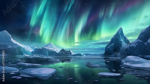 the aurora lights shine brightly in the night sky over an ice floese and icebergs in the ocean. © Ziyan