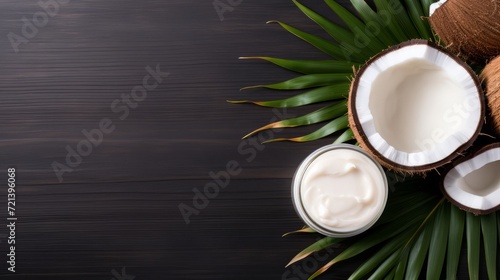 Coconut cream lotion. Cosmetic cream with natural Coconut Extract for healthy skin and hands. Copy space. Horizontal banner.