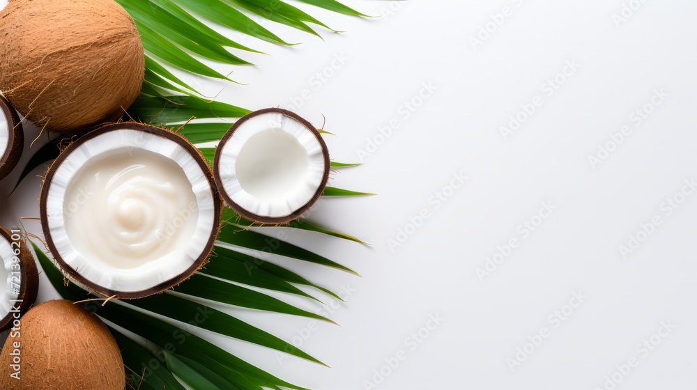 Cream with natural Coconut Extract for skin and hands with palm leaves on white background. Coconut Cosmetic cream lotion. Copy space. Horizontal banner. Cream with natural Coconut Extract for skin and hands with palm leaves on white background. Coconut Cosmetic cream lotion. Copy space. Horizontal banner.