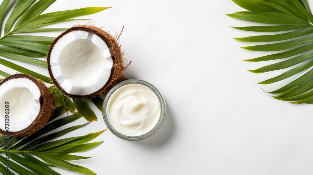 Coconut cream with natural Extract for skin and hands with palm leaves on white background. Coconut Cosmetic cream lotion. Copy space. Horizontal banner. Coconut cream with natural Extract for skin and hands with palm leaves on white background. Coconut Cosmetic cream lotion. Copy space. Horizontal banner.
