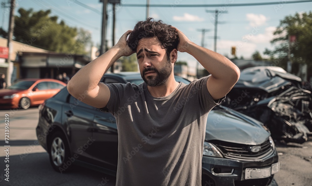 Fototapeta premium Sad man after a car accident holding his head. Car accident on the street, damaged car on background