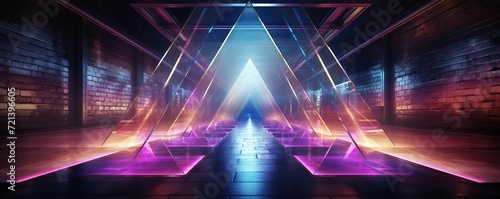 hyper realistic render design of glowing triangle lines, neon lights