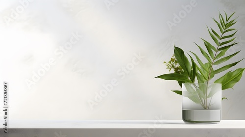 White empty concrete textured wall and podium stage background  green glass vase with plants  neutral sustainable natural brand product showcase template  mock up with copy space