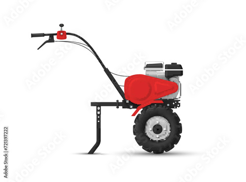 Hand walk behind tractor red harvesting cultivation machine side view realistic vector