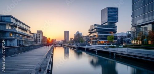 A Modern District by the Water Channel, Graced with Contemporary Buildings in the Morning Light