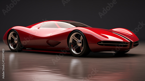 red sports car with a black stripe in the middle, the car has silver wheels, gray background © AdamDiezel