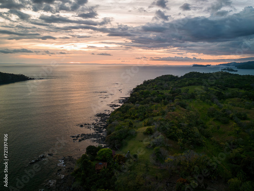 Cinematic aerial sunset at Santa Catalina beach with coast line and jungle