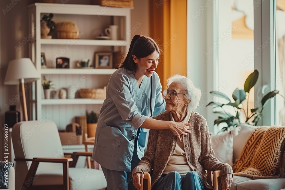 Fototapeta premium Caregiver assist the senior woman at the house,Elderly Wellness: In-Home Assistance with Caring Touch