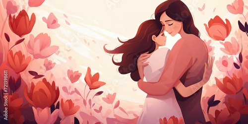 Mother s day - illustration of mom and daughter hugging each other with copy space for text