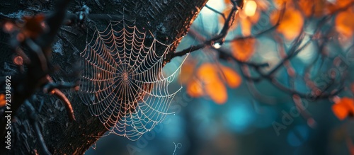 An Intricate Spider Web Hanging from a Majestic Tree: Captivating Artistry of an Intricate Spider Web Hanging from a Majestic Tree Shines Through