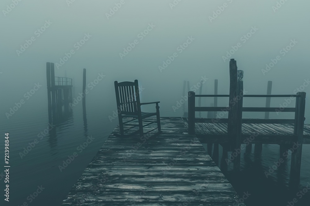 A misty wooden dock leads into an obscured lake, creating a serene and contemplative scene.

