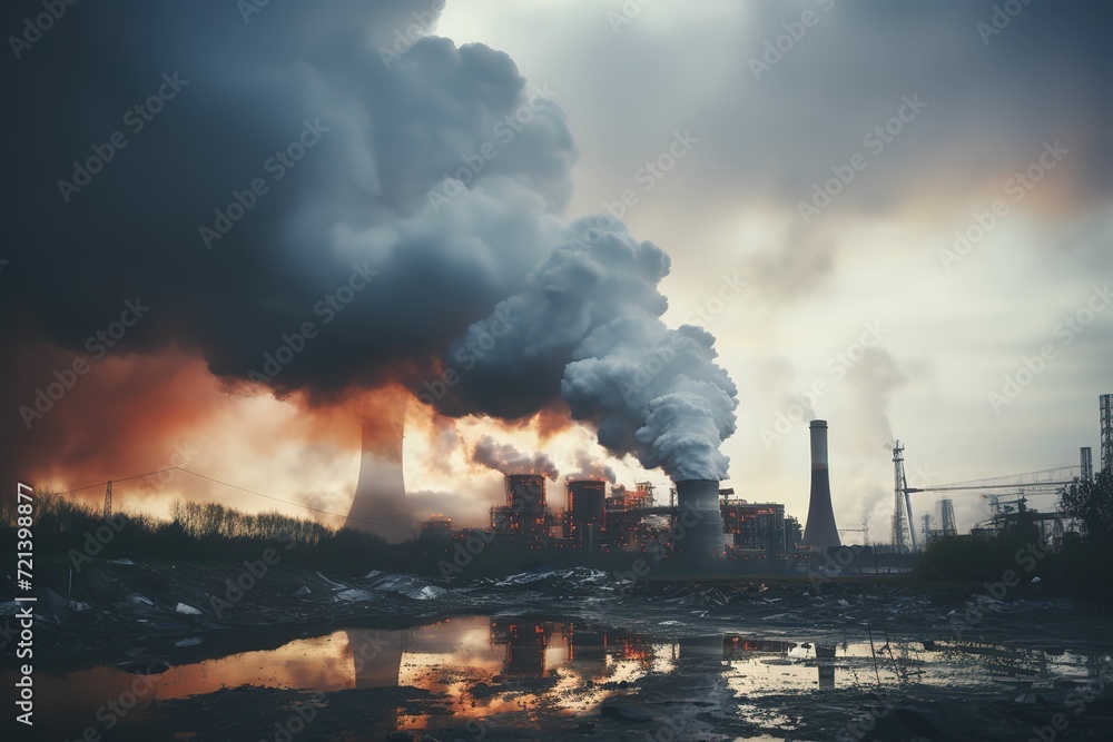 Smoke from factory pipe against bright overcast sky