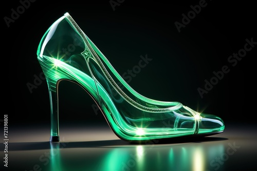 Neon women shoe in glossy and green color. elegant design of women shoe with high heel consisting of neon outlines, with backlight on the bright background photo