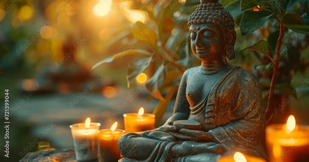 Harmony in Nature - A Serene Buddha Statue Flanked by Flickering Candles