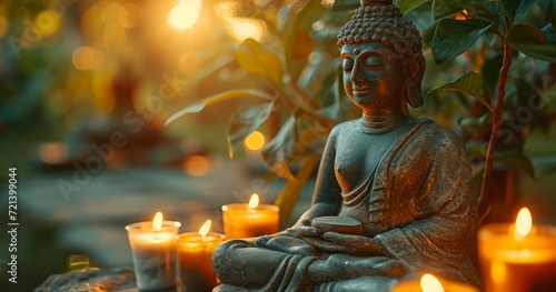 Harmony in Nature - A Serene Buddha Statue Flanked by Flickering Candles