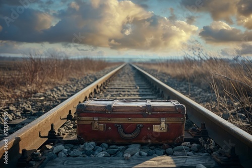 A vintage suitcase on a railway track evokes stories of travel, nostalgia, and journeys both physical and metaphorical.

 photo