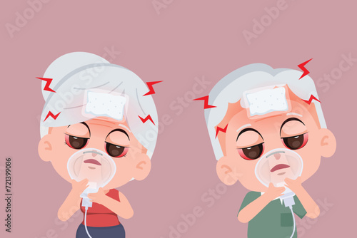 Elderly symptoms of sick. Cartoon old people with fever, snot, cough and sore throat. Influenza or cold vector infographic. Illustration of symptoms old, flu or infection illness.