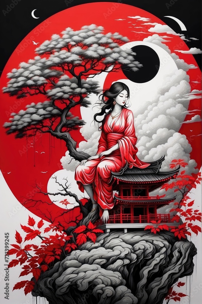 paintings with a Japanese cultural theme with red, white and black coloring
paintings with a Japanese cultural theme with red, white and black coloring