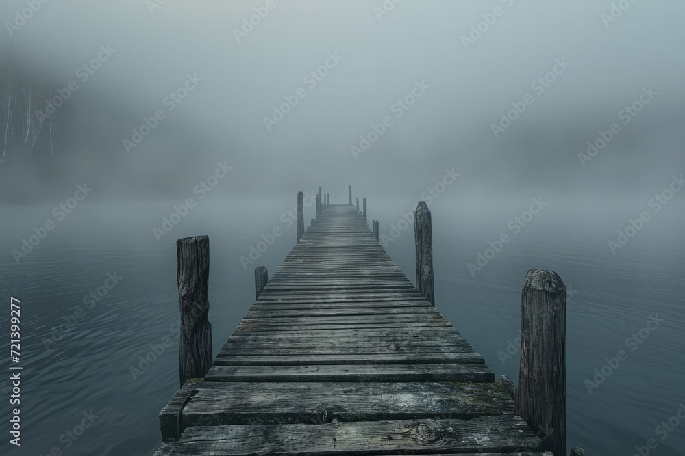 Fog envelops an empty wooden pier, creating a scene of solitude and contemplative silence.