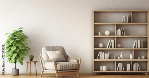 A Modern Living Room Set-Up with a Comfortable Armchair and a Well-Crafted Wooden Bookshelf