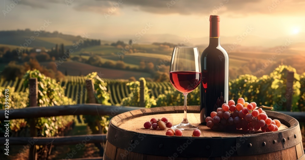 Vineyard Elegance - A Red Wine Bottle and Glass Set Against a Wooden Barrel with a Picturesque Vineyard Backdrop