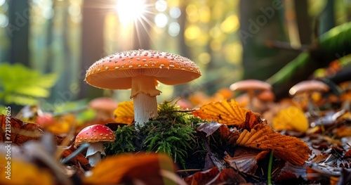 The Rich Hue of a Red Mushroom Standing Out in the Autumn Forest Landscape