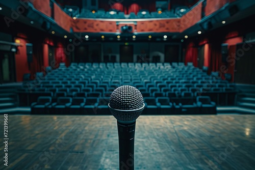 View from the stage of an empty theater with a single microphone, anticipating a performance. photo
