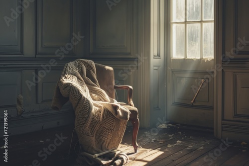 An armchair draped with a blanket sits in an abandoned room, sunlight streaming through a window, evoking a nostalgic aura. © Kishore Newton
