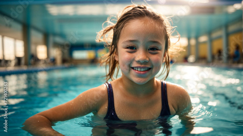 girl with down syndrome swimming in swimming class with classmates 