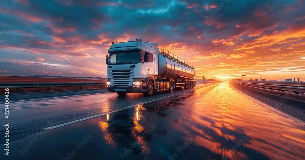 Oil Transportation on the Road to Success, Illuminated by Sunset Skies