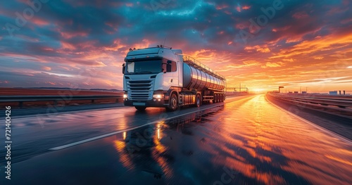 Oil Transportation on the Road to Success, Illuminated by Sunset Skies