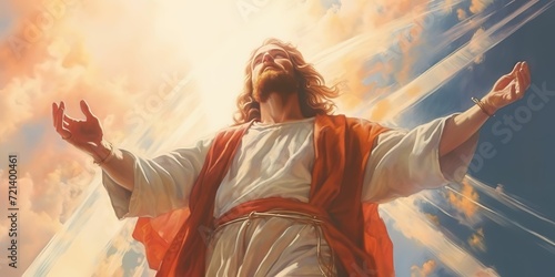jesus opening the skyes close up view illustration, receiving blessings from god, photo