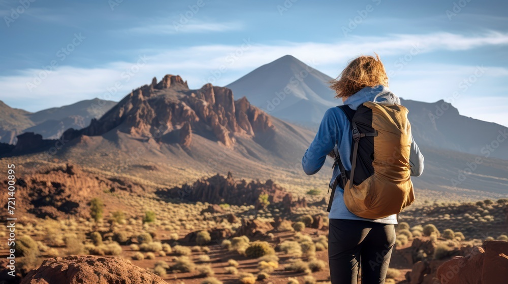 Naklejka premium A Young Woman's Reflective Stand on a Stone, Backpack in Tow, Looking Forward