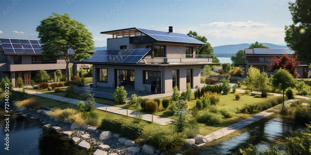 minimalistic design Drone view of residential houses with photovoltaic solar panels