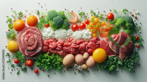 Wholesome Delight: A Vibrant 3D Render of Fresh Meat, Eggs, and Vegetables on a Crisp White Background
