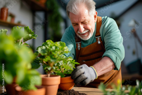 Cultivating Tranquility: Older Gentleman and Potted Greenery
