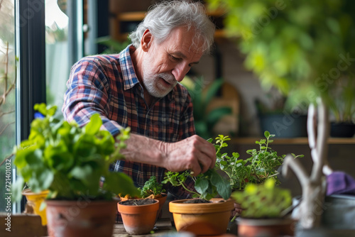 Indoor Green Thumb: Retired Man Planting Flowers