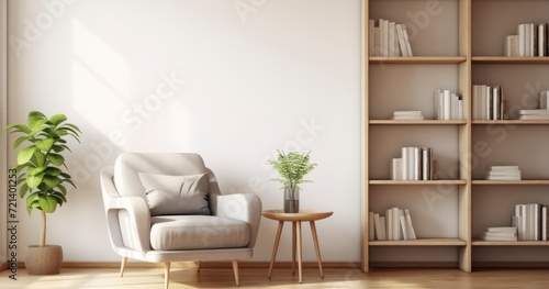 A Harmonious Living Room Interior with a Plush Armchair and Wooden Bookshelf  Ideal for Home Design Inspiration