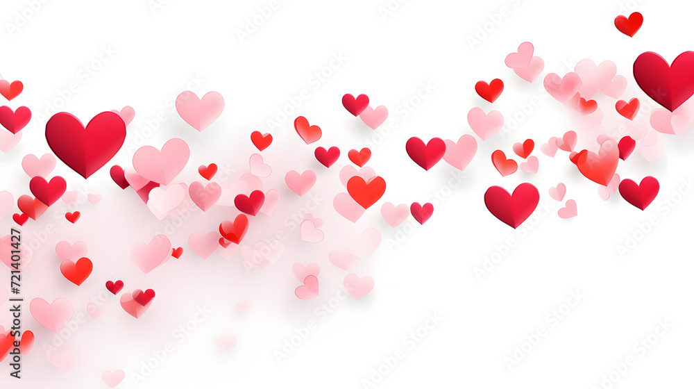 Red pink and white flying hearts isolated on white background
