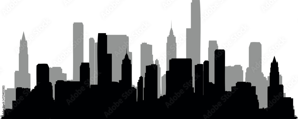 City Skyline silhouette, urban landscape vector. Modern cityscape, skyscrapers, buildings in black and white. Ideal for web banners, backgrounds. Stark contrast, clean lines, edges