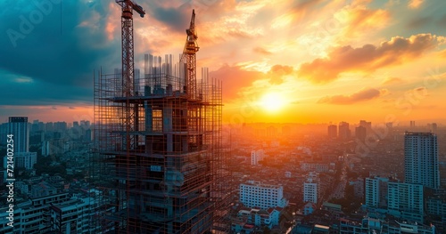 A Construction Site's Transformation of Steel Beams into Majestic Residences at Sunset