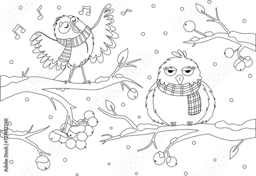 Coloring page with two birds sitting on branches in winter