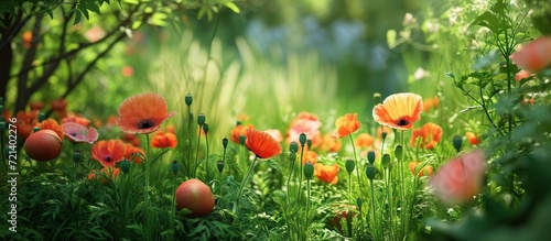 Stunning Poppy Blossoms And Luscious Fruits Blooming In A Serene Garden Paradise: Poppy, Fruit, Garden