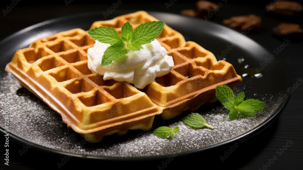 A Classic Belgium Waffle Enhanced with Fresh Mint, Presented on a Black Plate A Classic Belgium Waffle Enhanced with Fresh Mint, Presented on a Black Plate