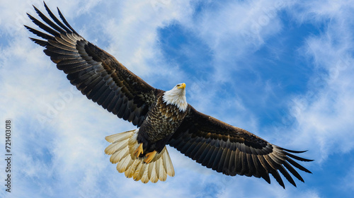 American bald eagle soars gracefully through the blue sky, showcasing its powerful wings and beak in a mesmerizing display of wildlife in flight © Natural JPG