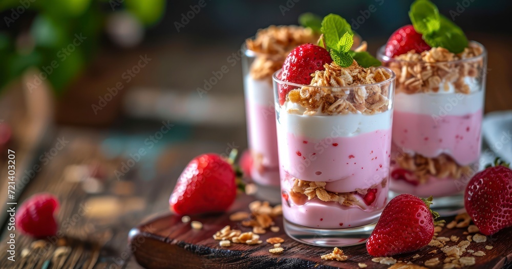 A Luxurious Breakfast of Creamy Yogurt with Fresh Fruits and Sweet Strawberries in a Glass A Luxurious Breakfast of Creamy Yogurt with Fresh Fruits and Sweet Strawberries in a Glass