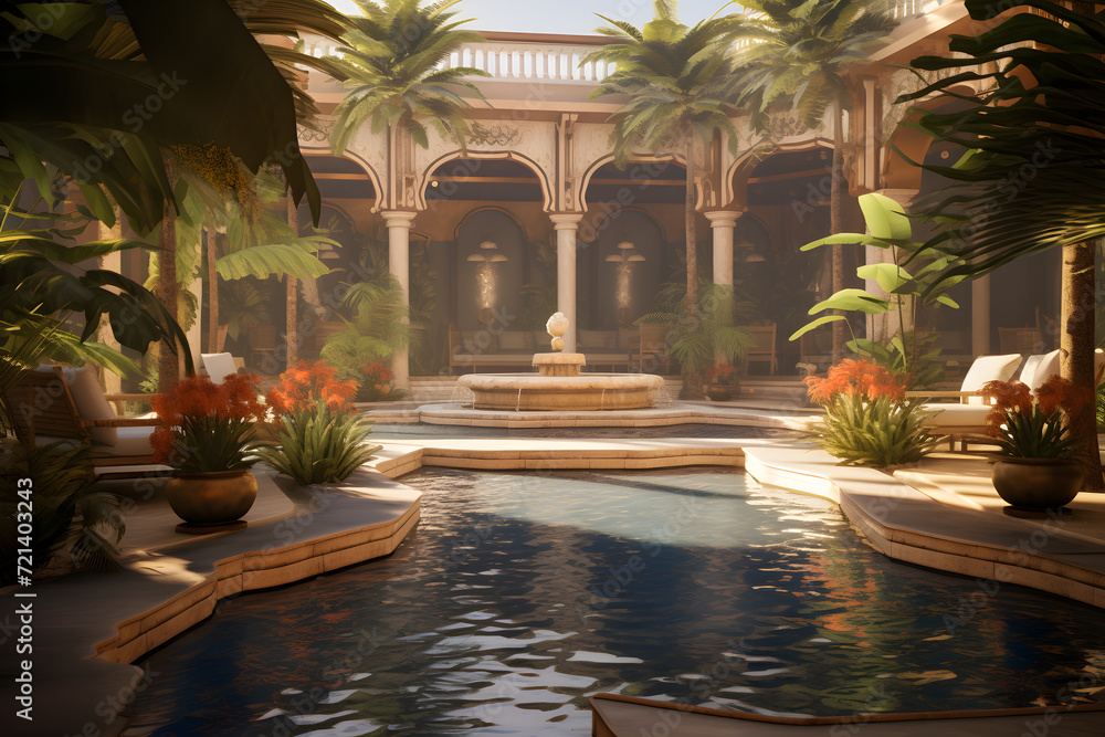 Resort Lobby with a Tranquil Courtyard and Fountains